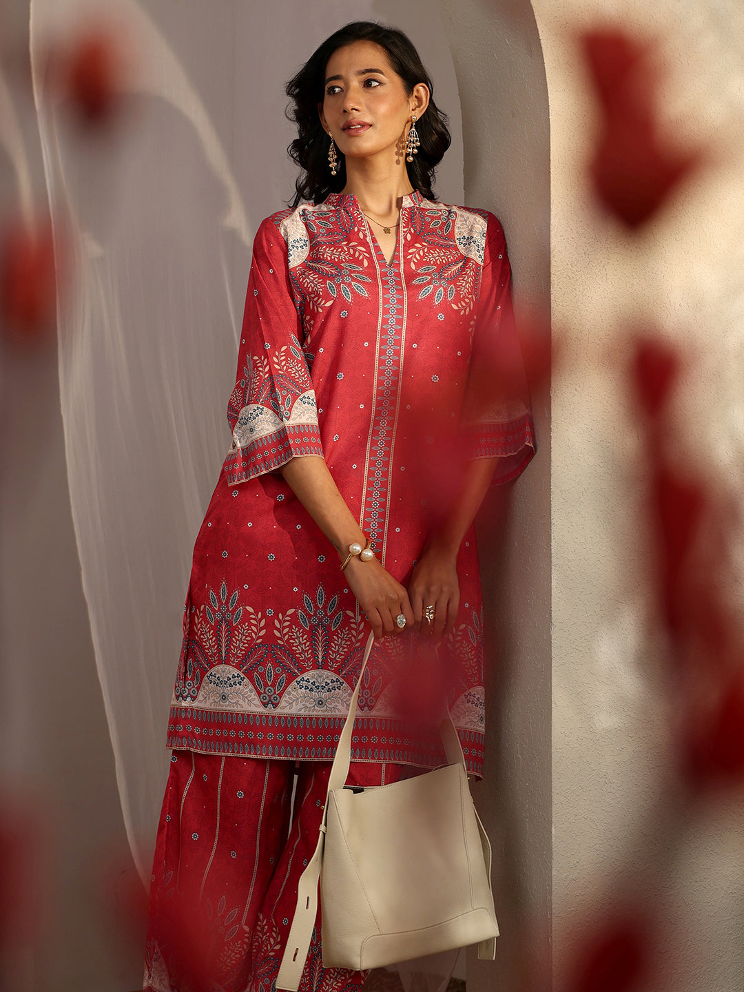 Libas Red Printed Cotton Blend Co-Ord Sets CO87