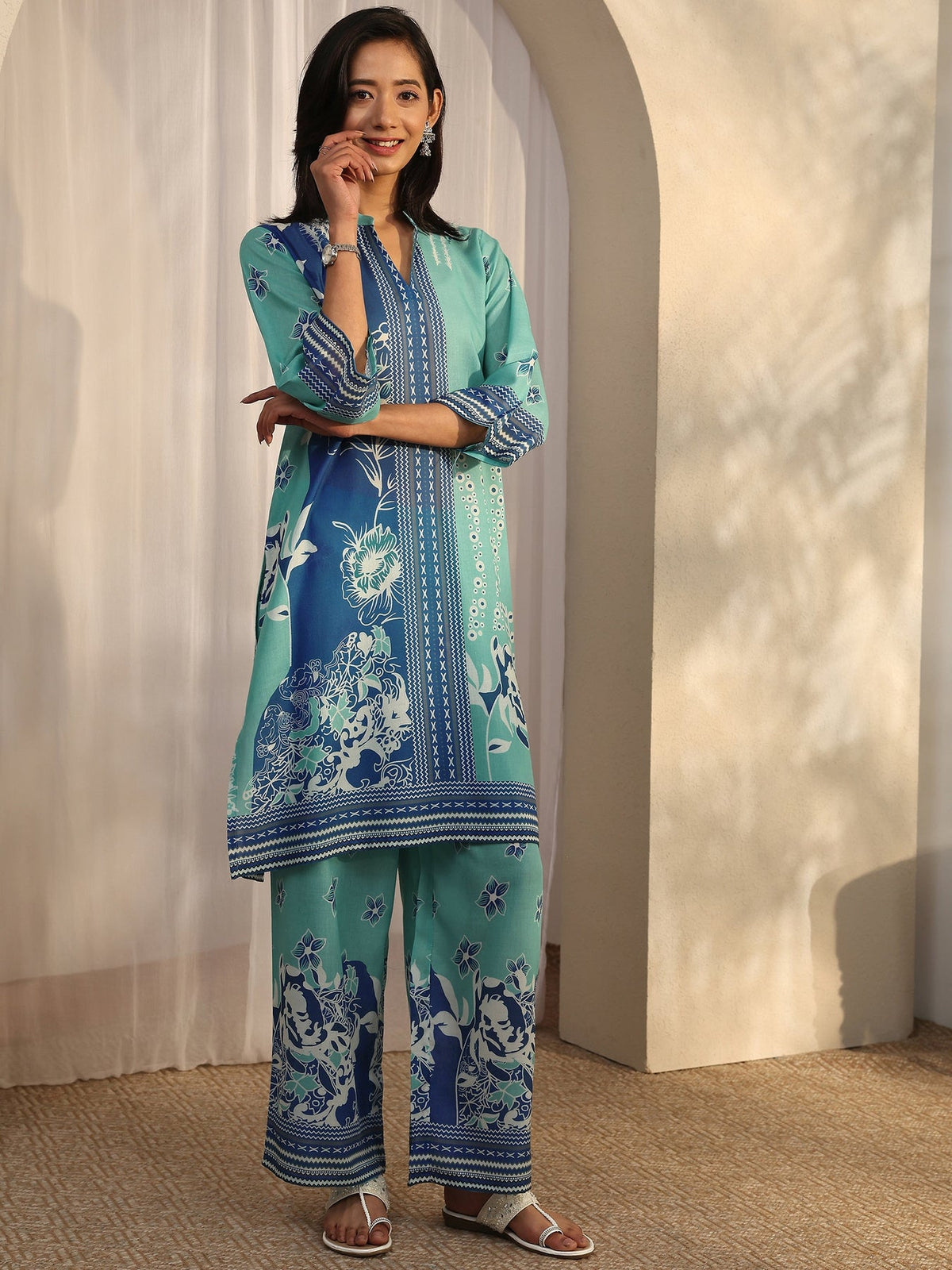Libas Blue Printed Cotton Blend Co-Ord Sets CO87