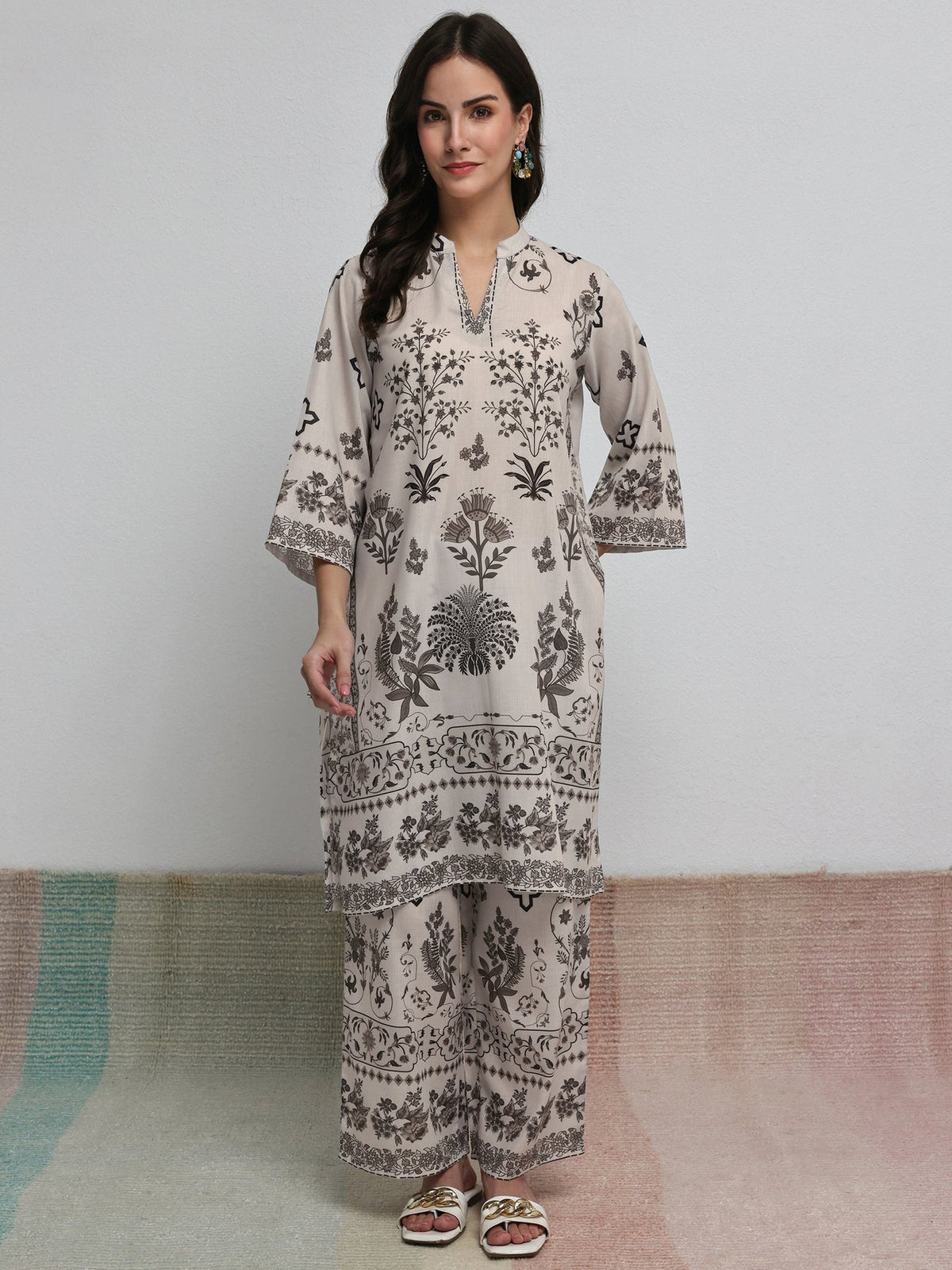 Libas Off White Floral Printed Cotton Blend Co-Ord Set CO87