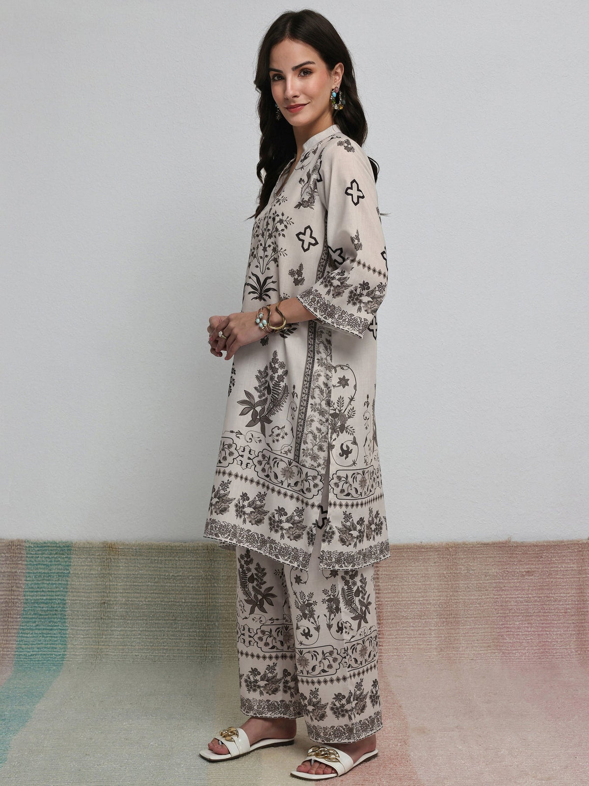 Libas Off White Floral Printed Cotton Blend Co-Ord Set CO87