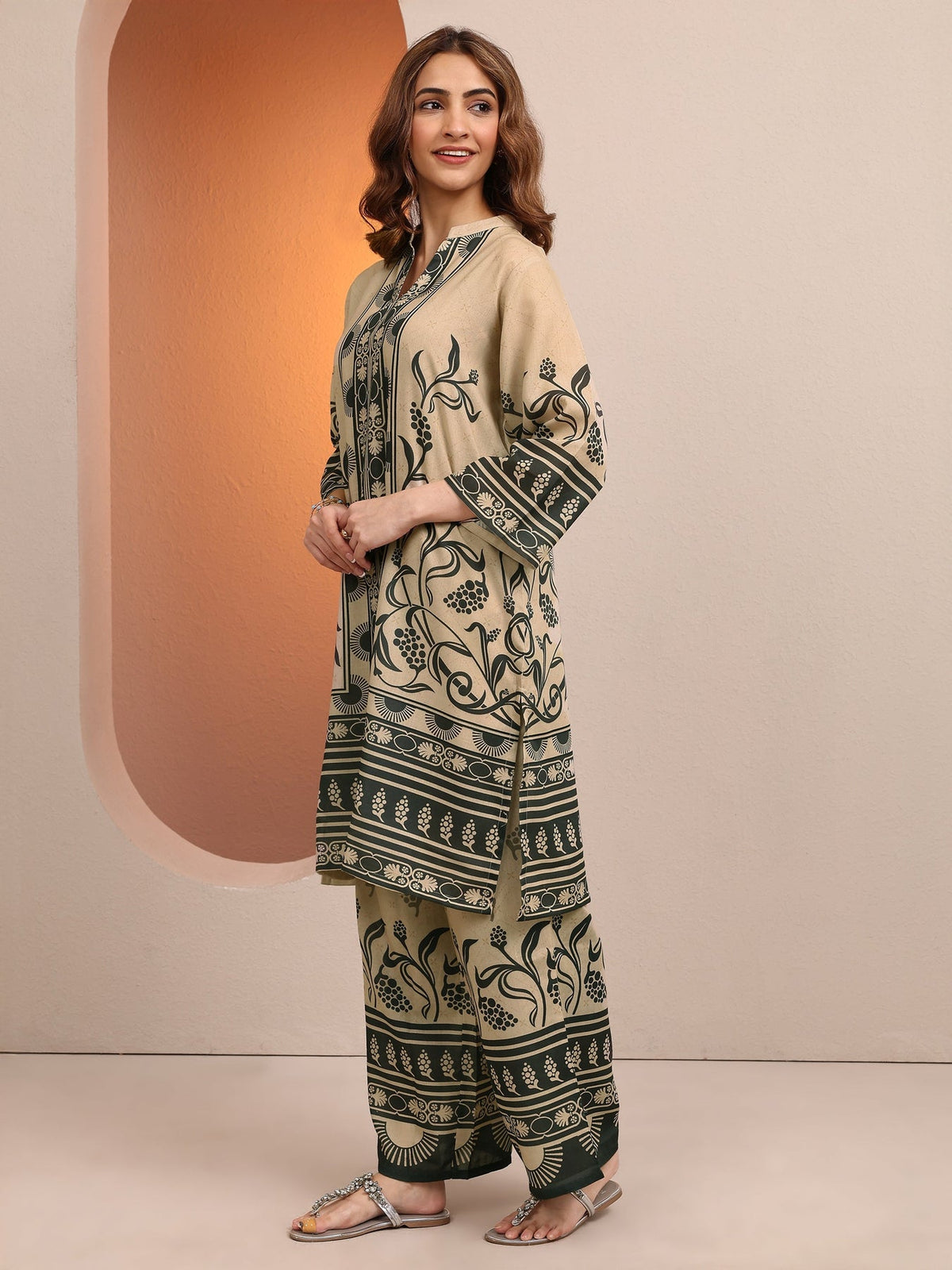 Libas Beige Printed Cotton Blend Co-Ord Sets CO87