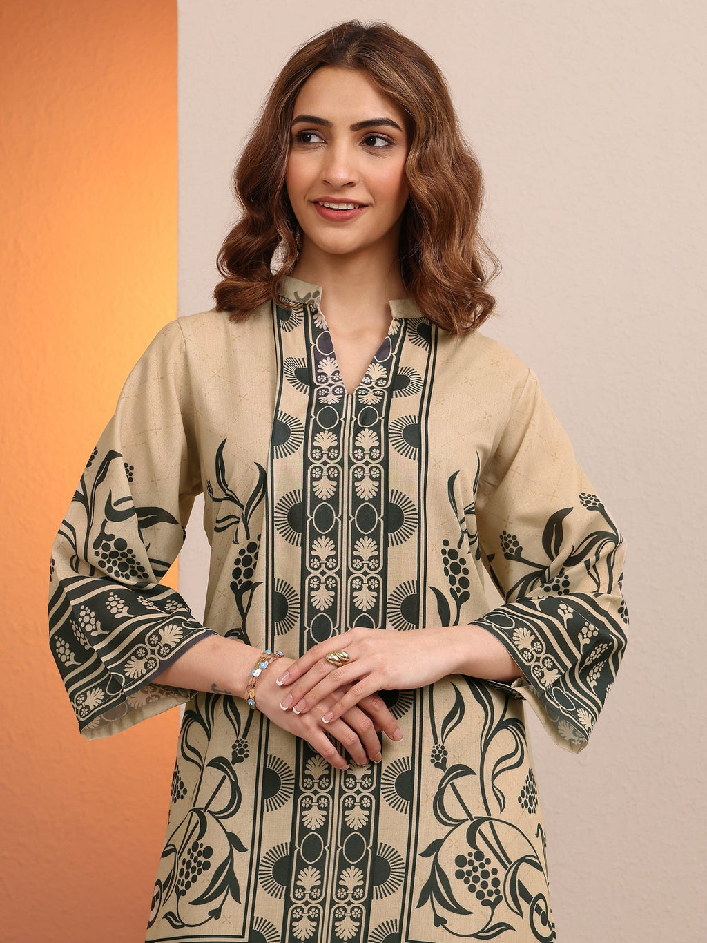 Libas Beige Printed Cotton Blend Co-Ord Sets CO87