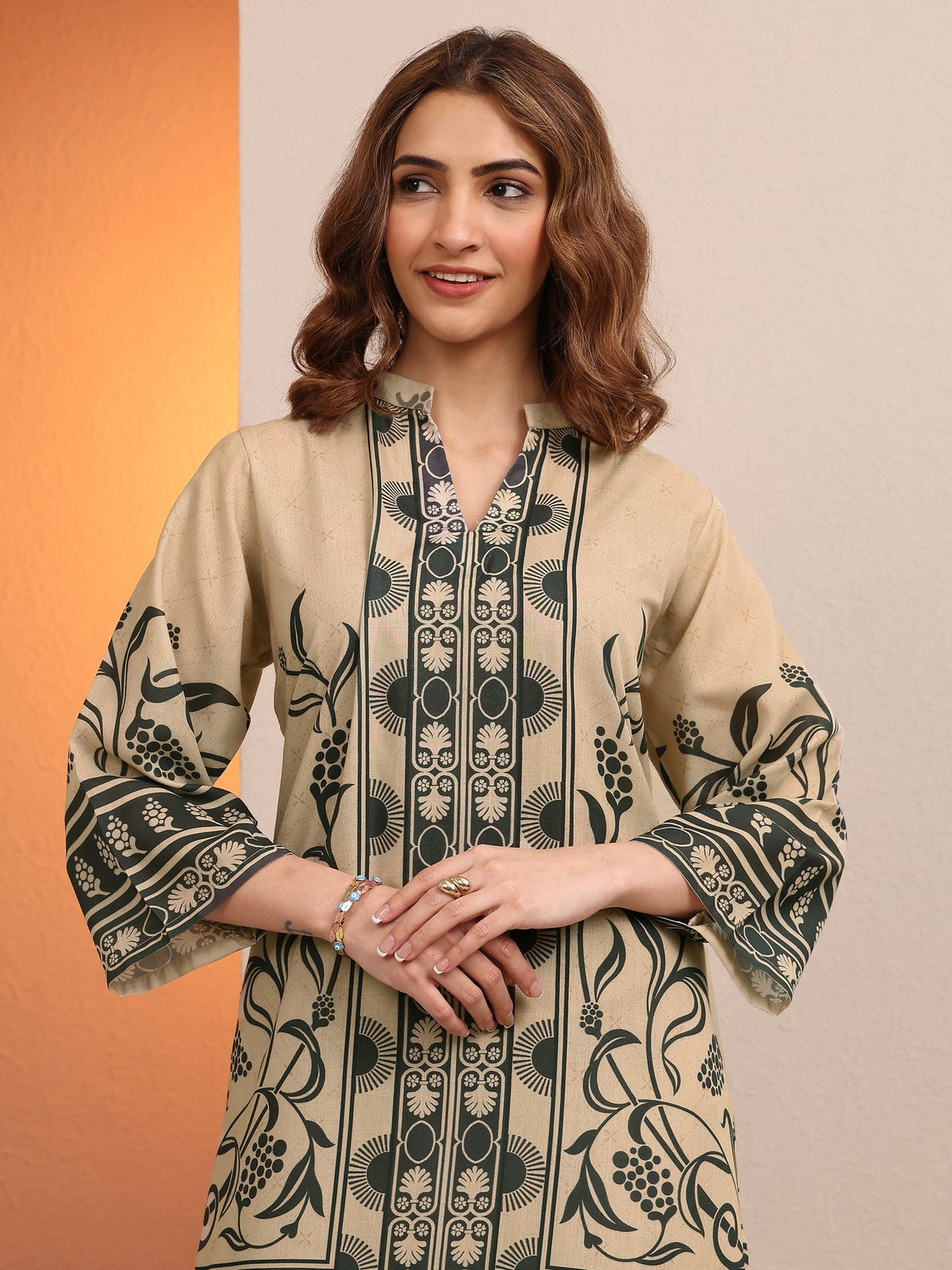 Libas Beige Printed Cotton Blend Co-Ord Sets CO87
