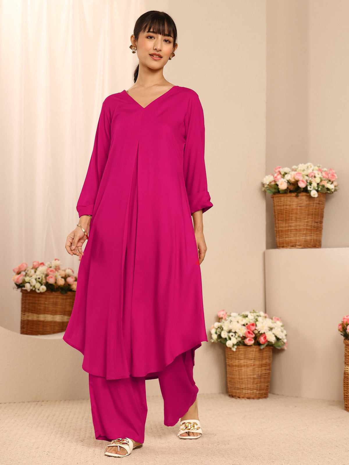 Libas Pink Solid Viscose Rayon A-Line Kurta Set