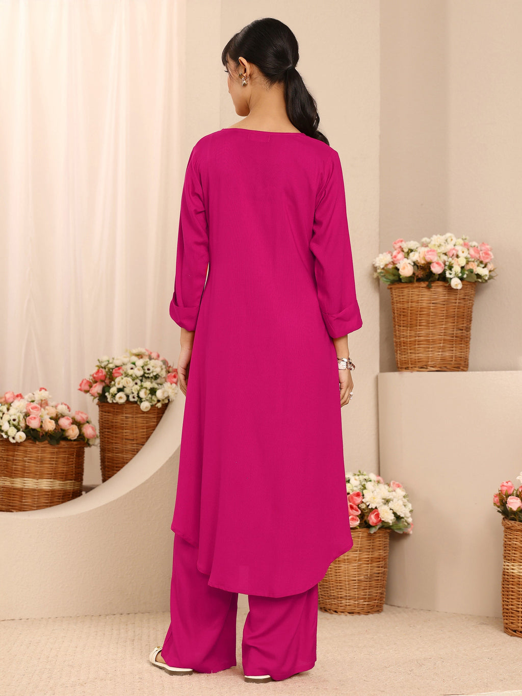 Libas Pink Solid Viscose Rayon A-Line Kurta Set