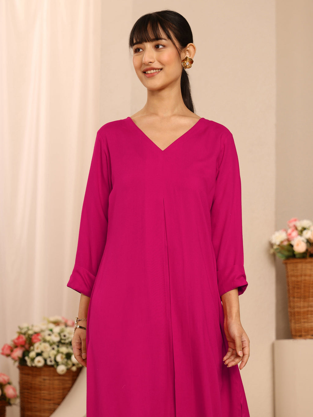 Libas Pink Solid Viscose Rayon A-Line Kurta Set