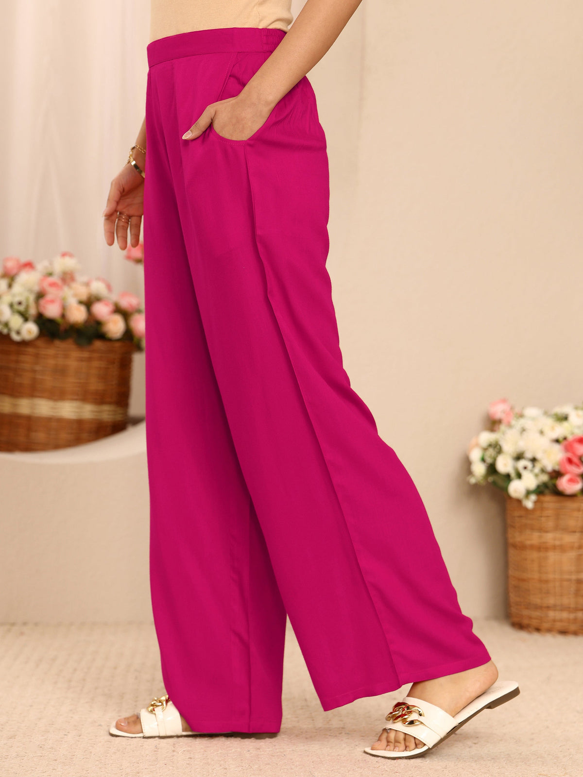 Libas Pink Solid Viscose Rayon A-Line Kurta Set