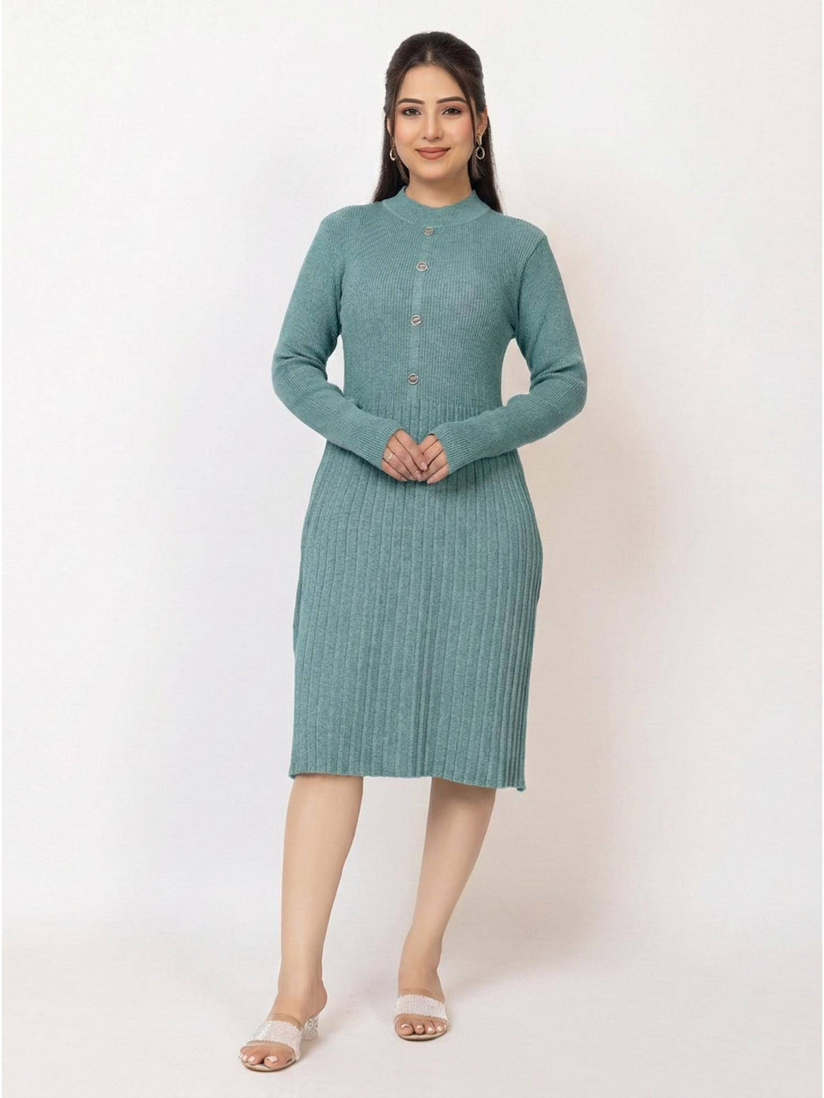 Womens Premium Ribbed Knit Mustard Knee length Dress | D56 - view 15