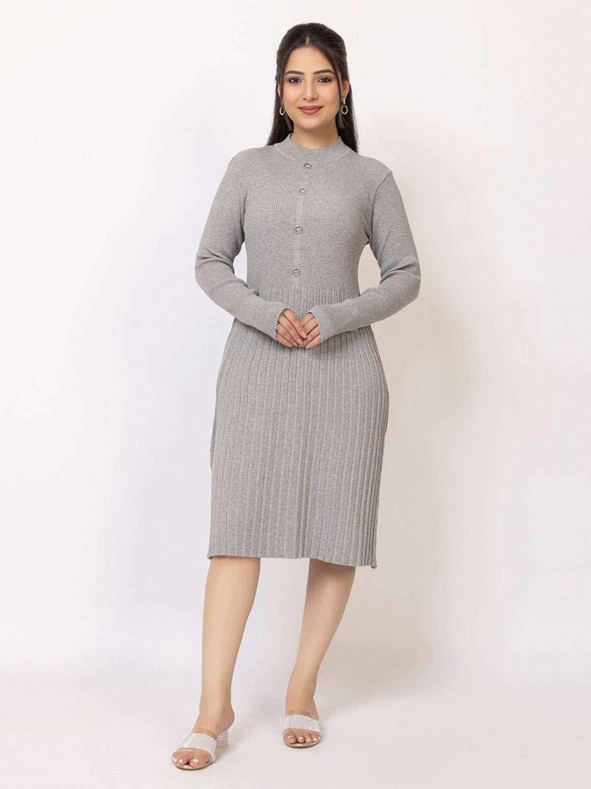 Womens Premium Ribbed Knit Mustard Knee length Dress | D56 - view 5