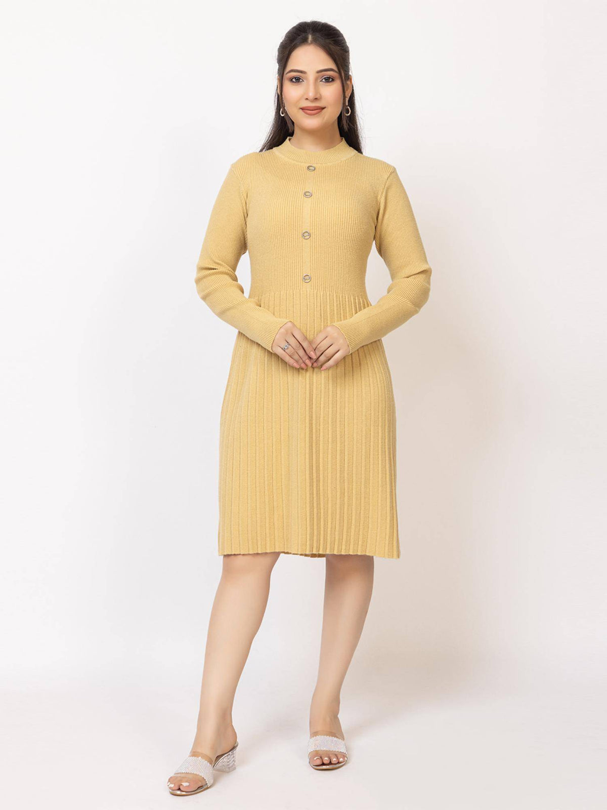 Womens Premium Ribbed Knit Mustard Knee length Dress | D56 - view 30
