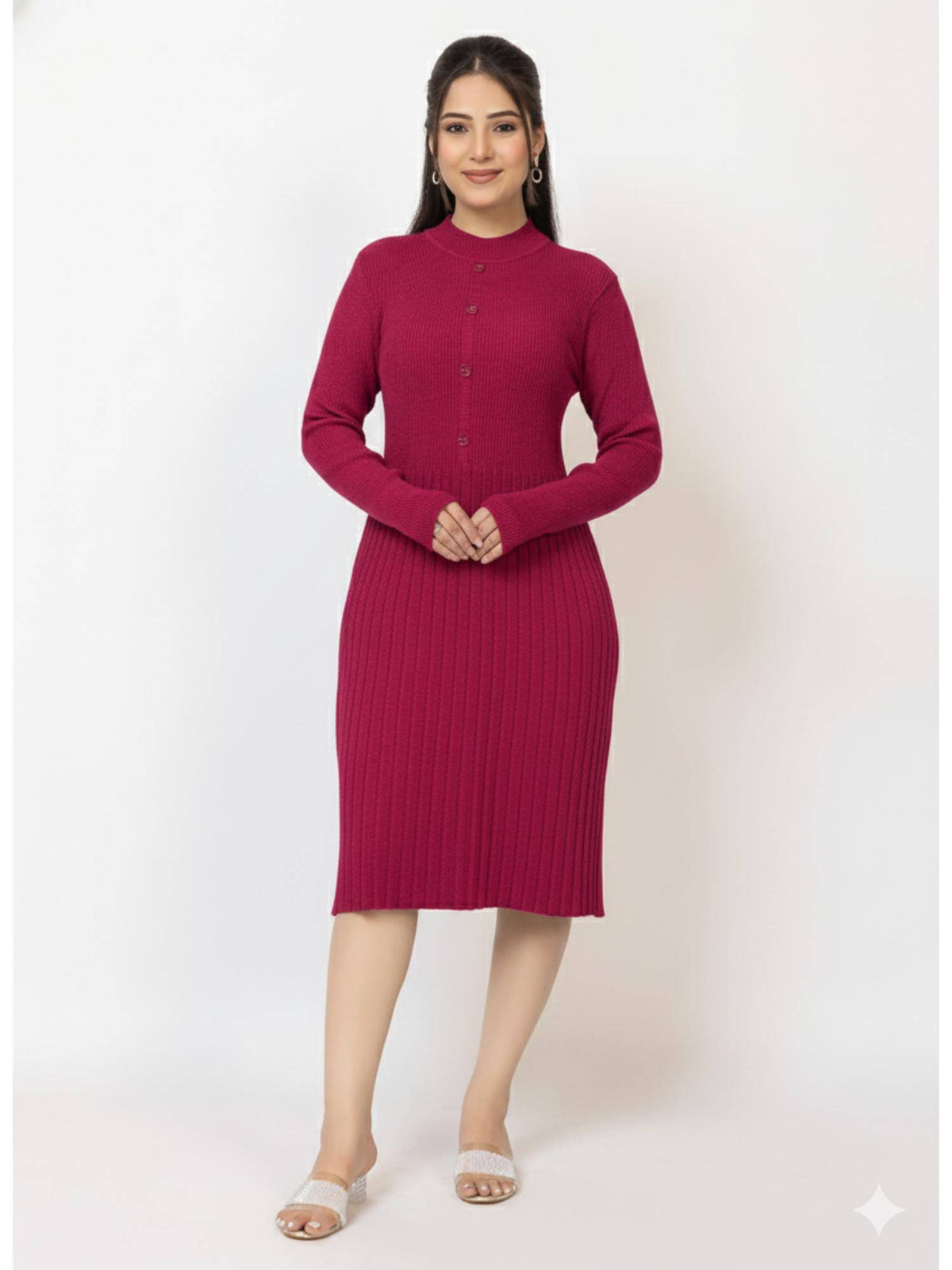 Womens Premium Ribbed Knit Mustard Knee length Dress | D56 - view 36