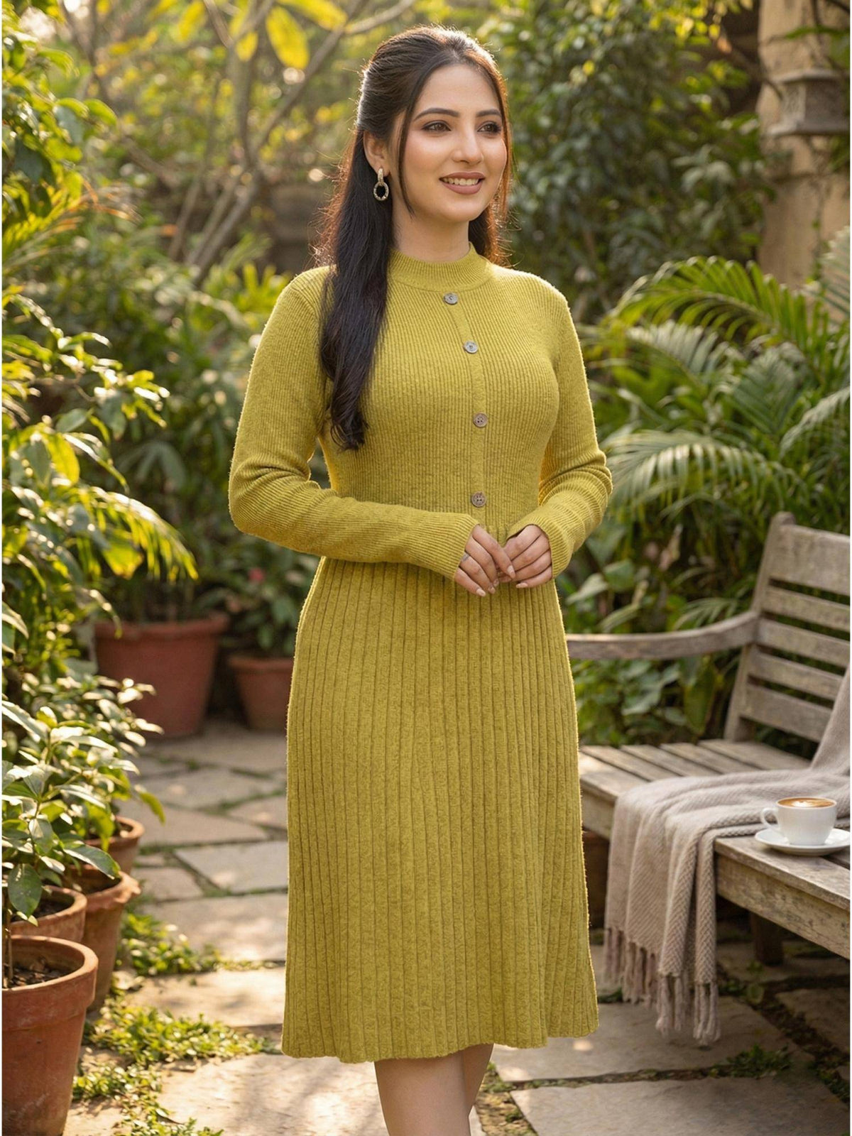 Womens Premium Ribbed Knit Mustard Knee length Dress | D56 - view 1
