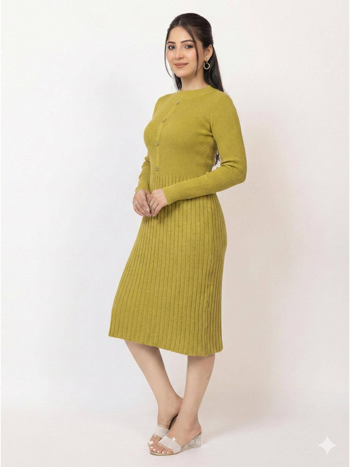 Womens Premium Ribbed Knit Mustard Knee length Dress | D56 - view 2