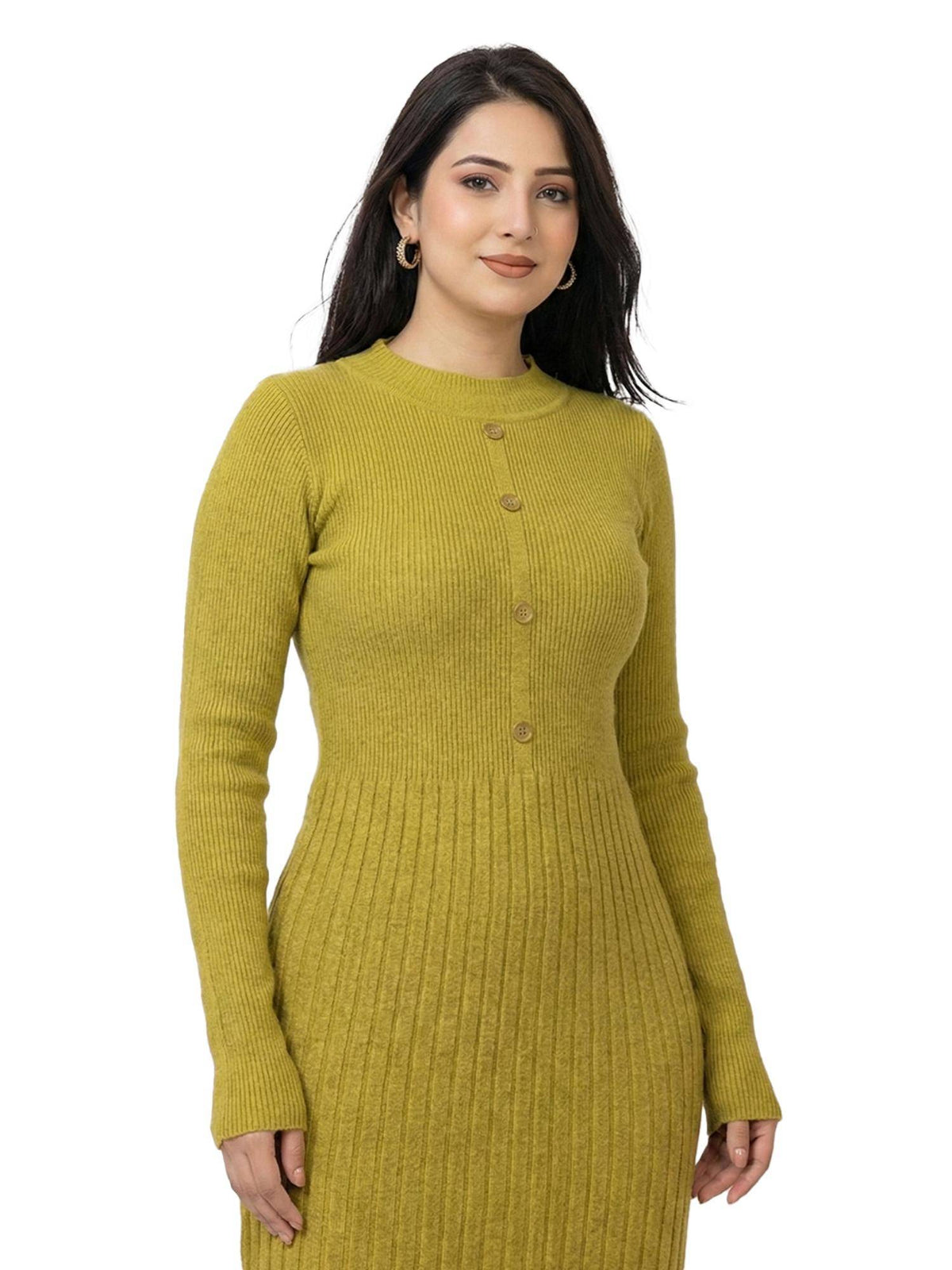 Womens Premium Ribbed Knit Mustard Knee length Dress | D56 - view 3