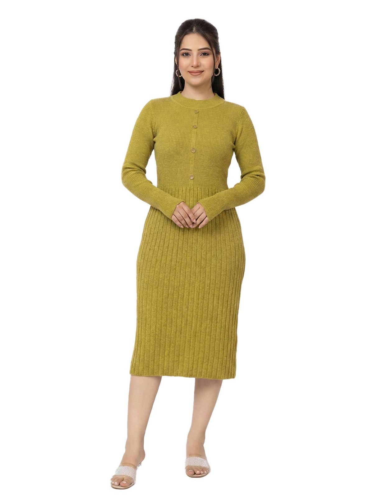 Womens Premium Ribbed Knit Mustard Knee length Dress | D56 - view 4