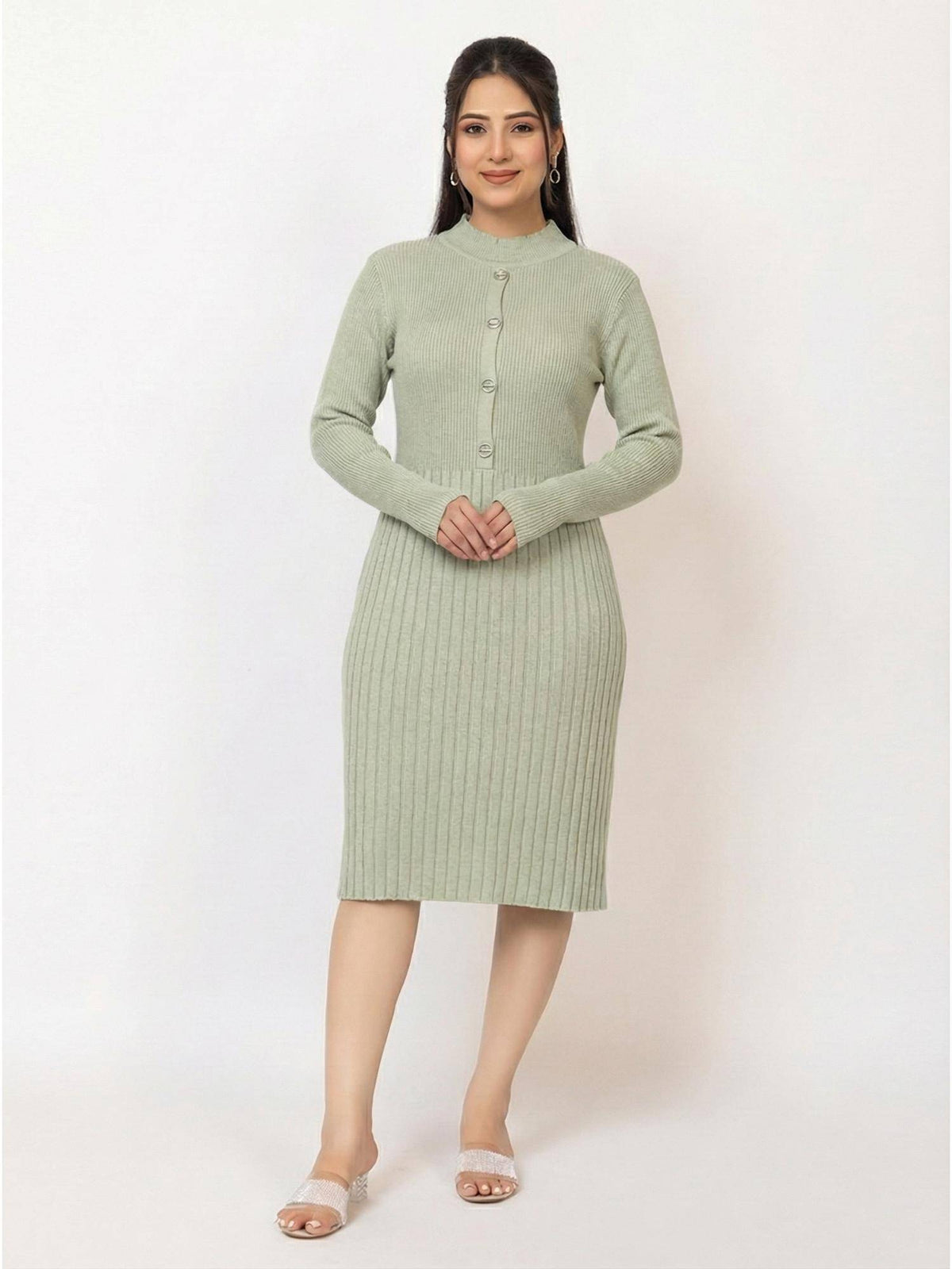 Womens Premium Ribbed Knit Mustard Knee length Dress | D56 - view 25
