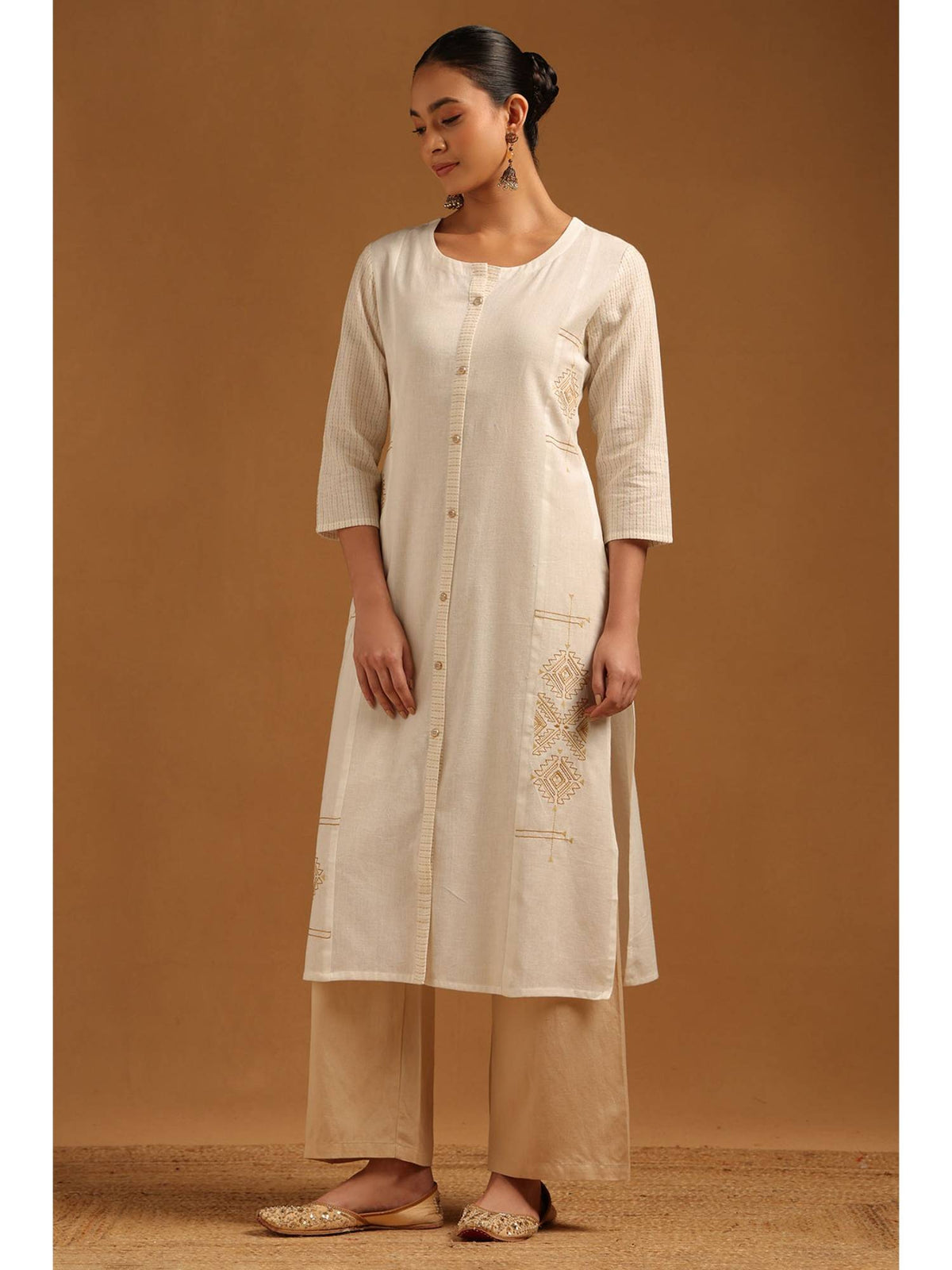 Womens Off White Pure Cotton Embroidered Kurta | KDG - view 1