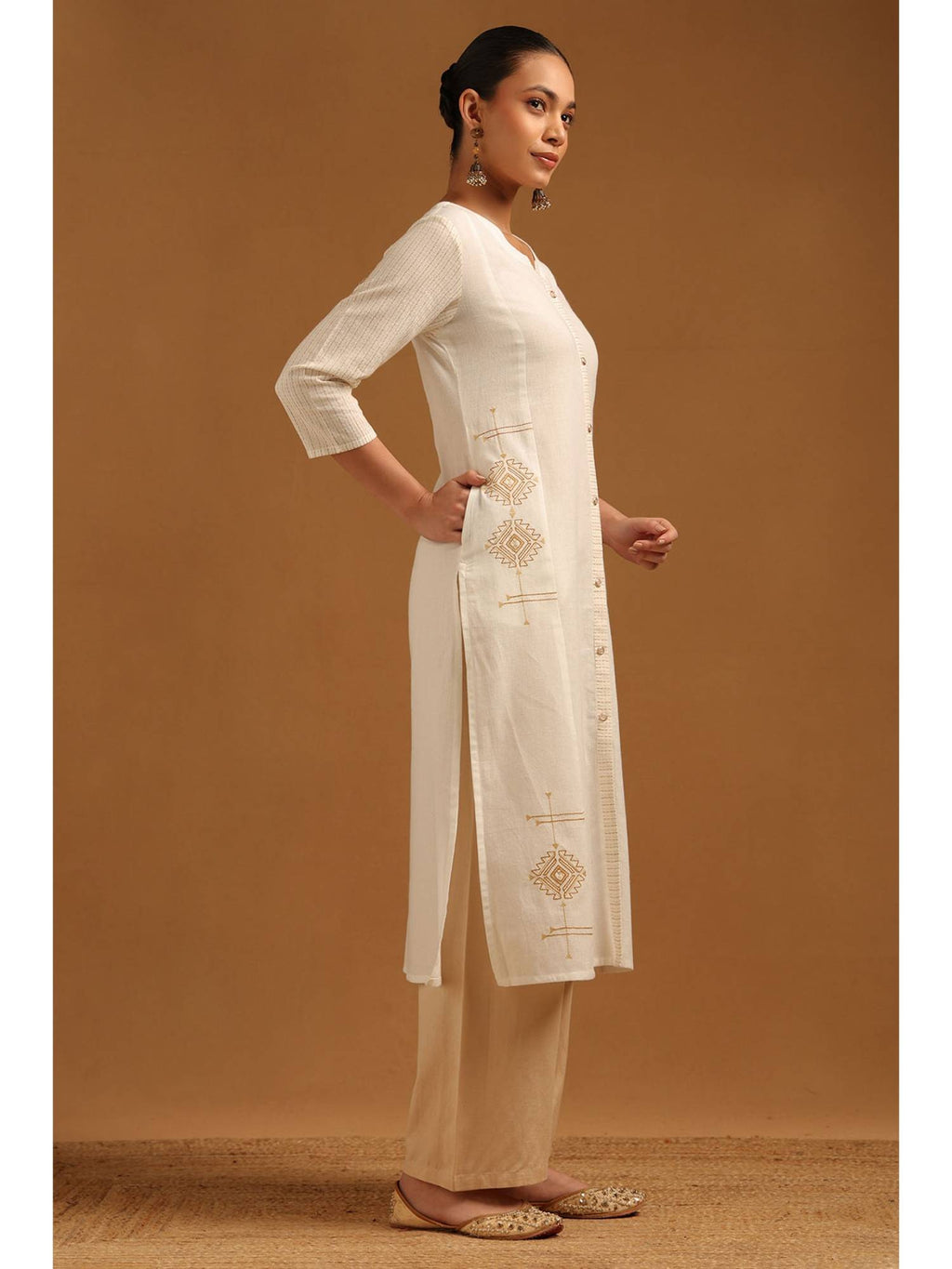 Womens Off White Pure Cotton Embroidered Kurta | KDG - view 2