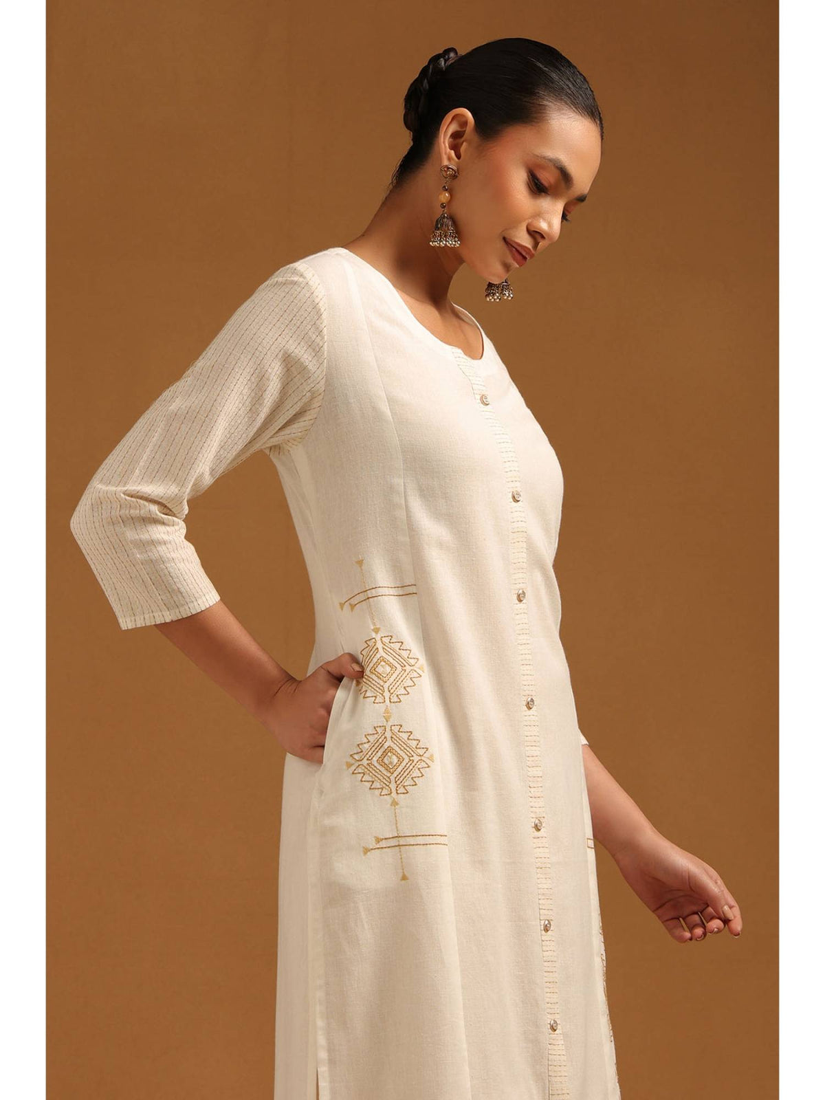 Womens Off White Pure Cotton Embroidered Kurta | KDG - view 5