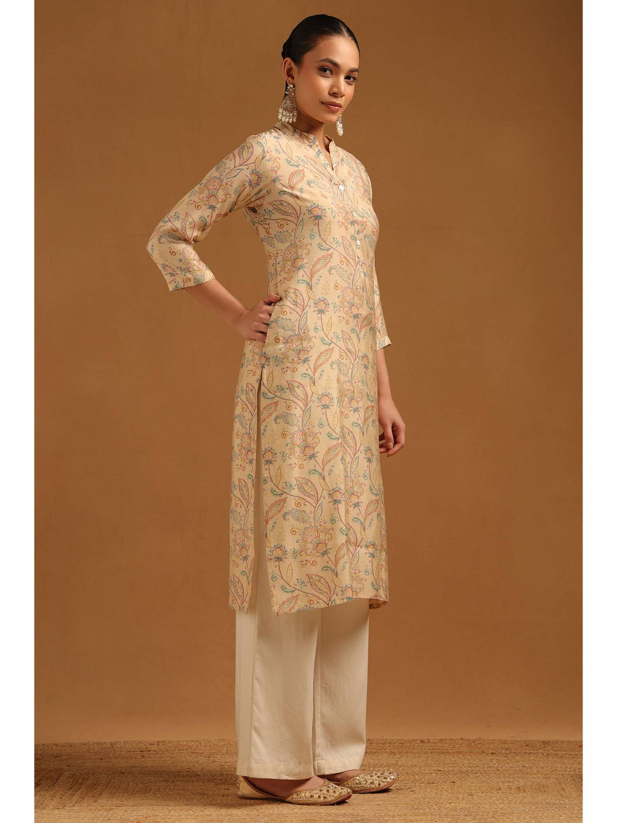 Womens Beige Muslin FLoral Kurta | KDG - view 2