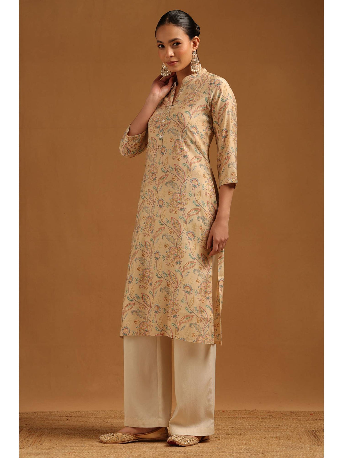 Womens Beige Muslin FLoral Kurta | KDG - view 3