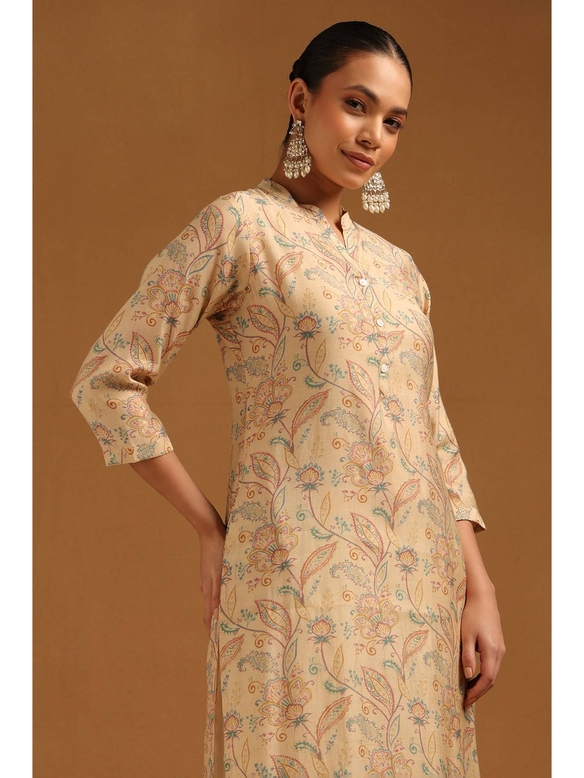 Womens Beige Muslin FLoral Kurta | KDG - view 5