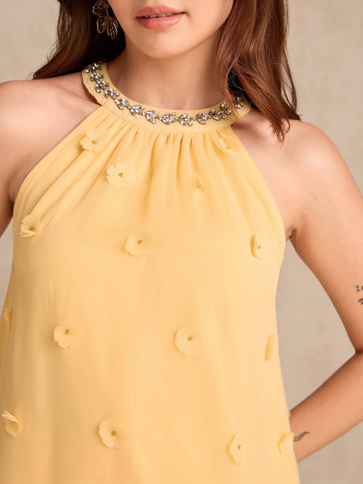 Yellow Embellished/Sequined Halter Neck Sleeveless Top | HT67 - view 3