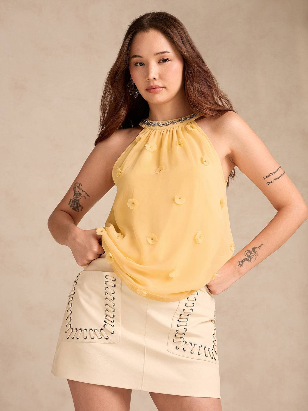Yellow Embellished/Sequined Halter Neck Sleeveless Top | HT67 - view 5