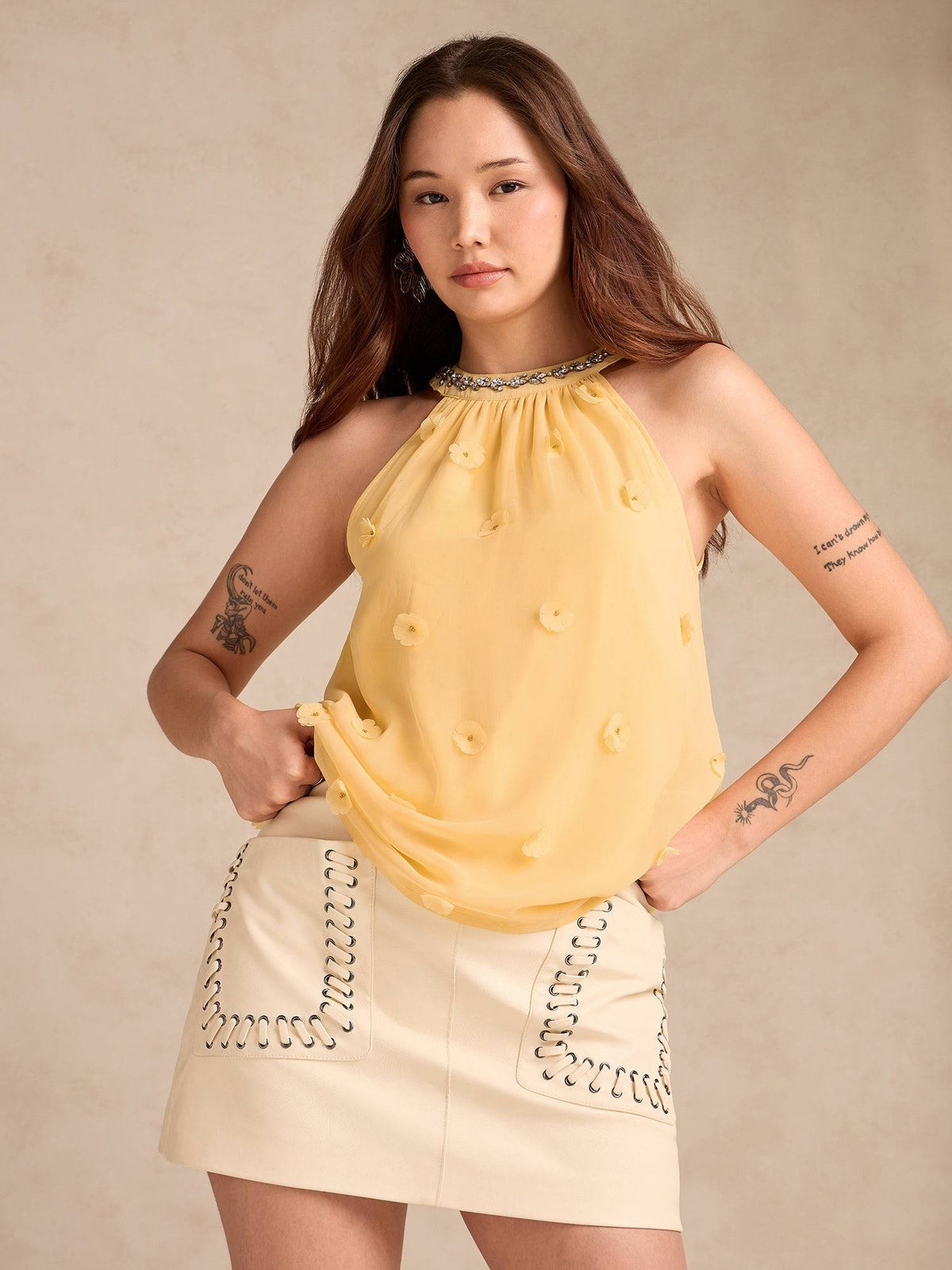 Yellow Embellished/Sequined Halter Neck Sleeveless Top | HT67 - view 5