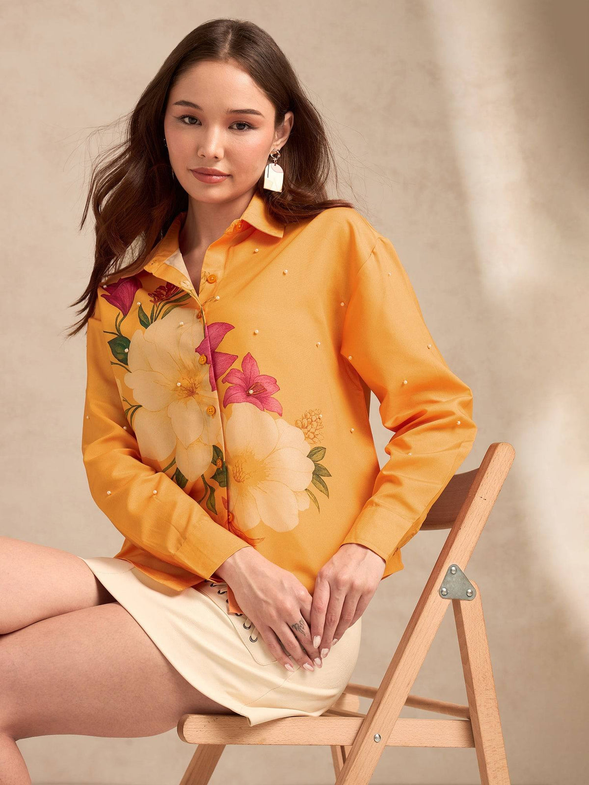Off White Cinched Waist Printed Shirt | S67 - view 29