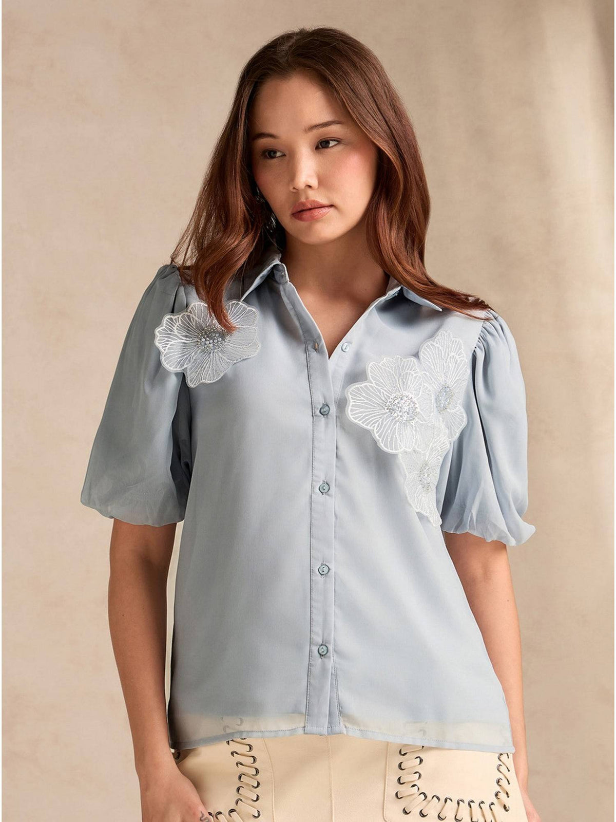 Off White Cinched Waist Printed Shirt | S67 - view 6