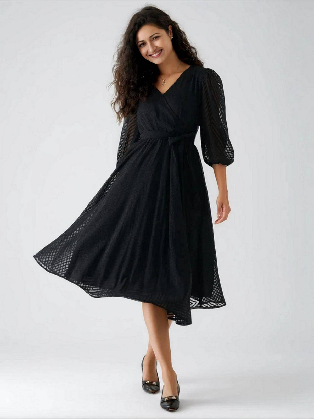 Womens Green Self Design Crepe Calf Length Dress with Belt | D56 - view 15