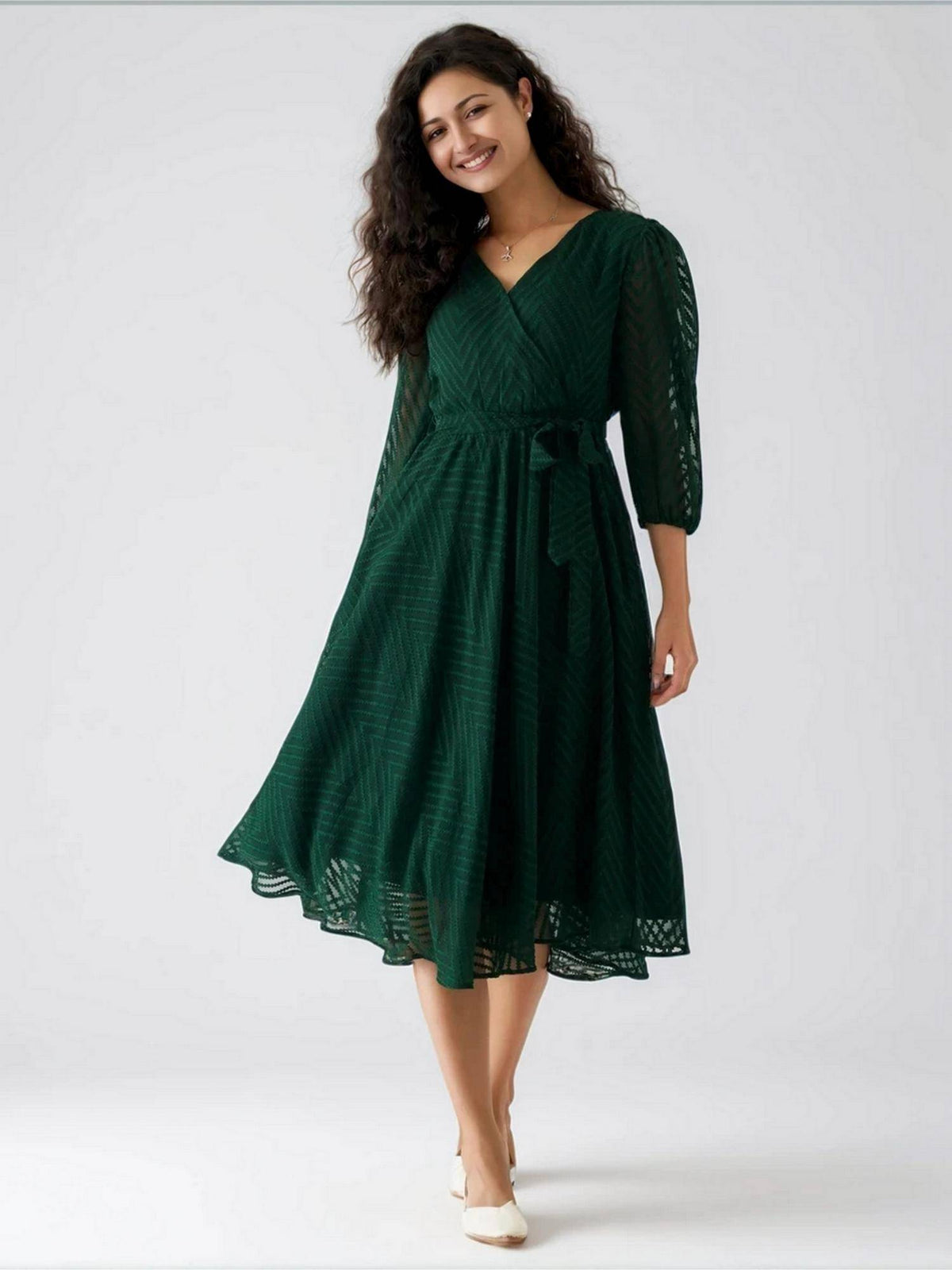 Womens Green Self Design Crepe Calf Length Dress with Belt | D56 - view 5