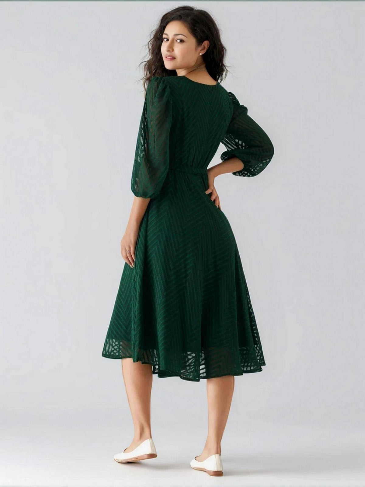 Womens Green Self Design Crepe Calf Length Dress with Belt | D56 - view 2
