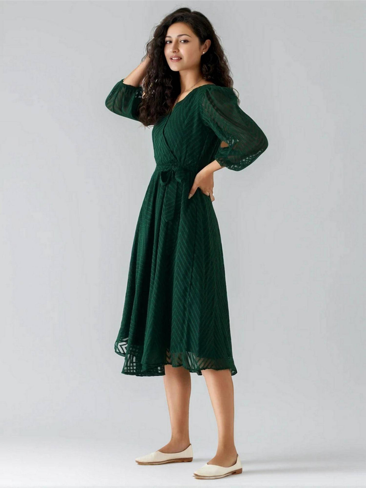 Womens Green Self Design Crepe Calf Length Dress with Belt | D56 - view 3