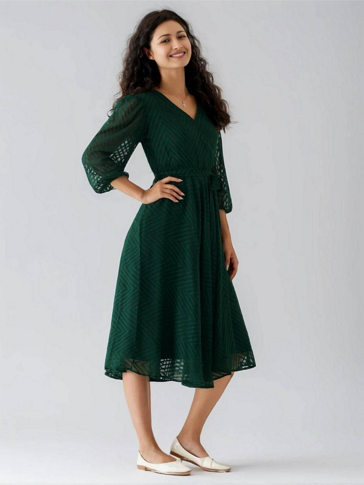 Womens Green Self Design Crepe Calf Length Dress with Belt | D56 - view 4