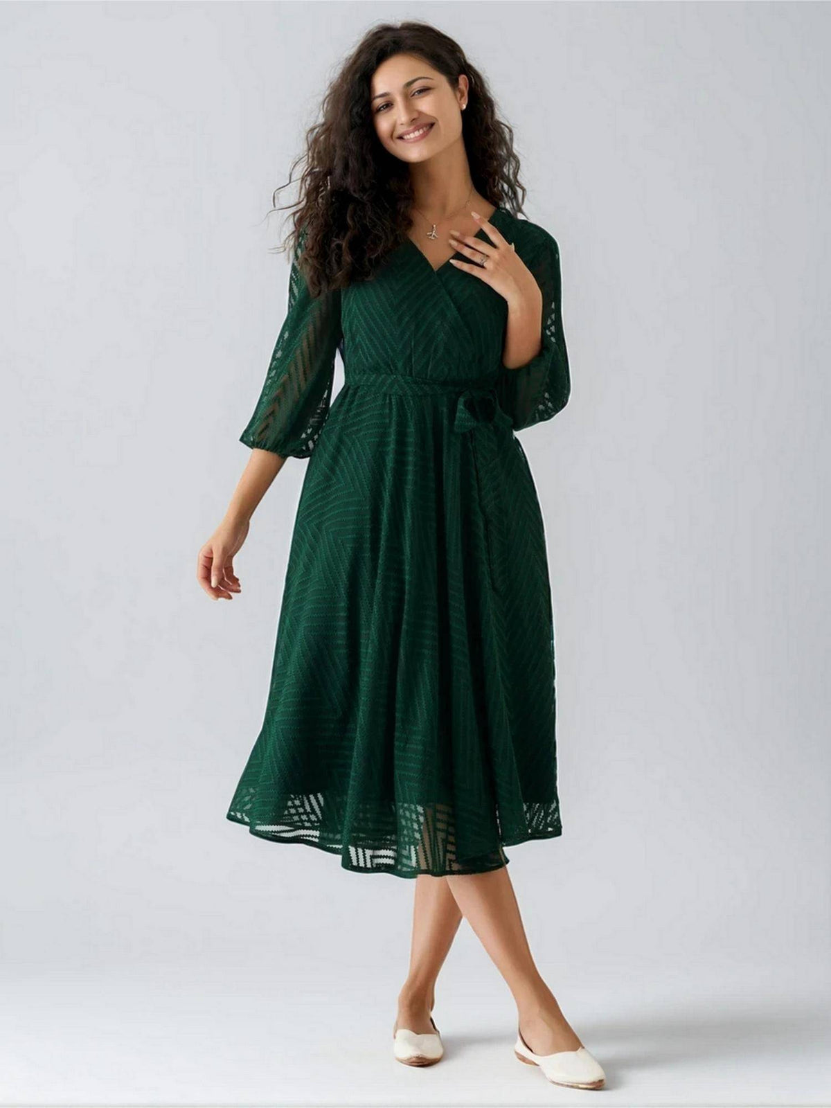 Womens Greyish Blue Self Design Calf Length Dress with Belt | D56 - view 22