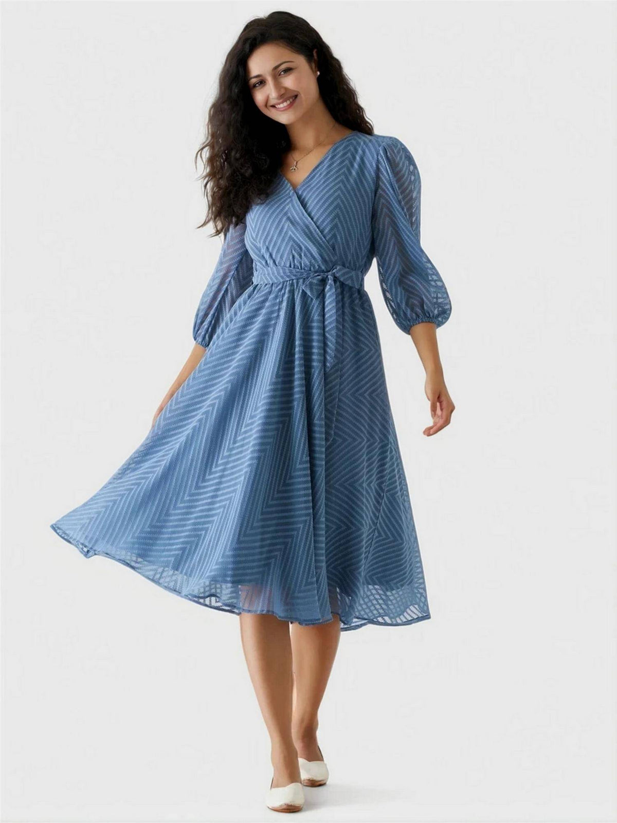 Womens Green Self Design Crepe Calf Length Dress with Belt | D56 - view 22