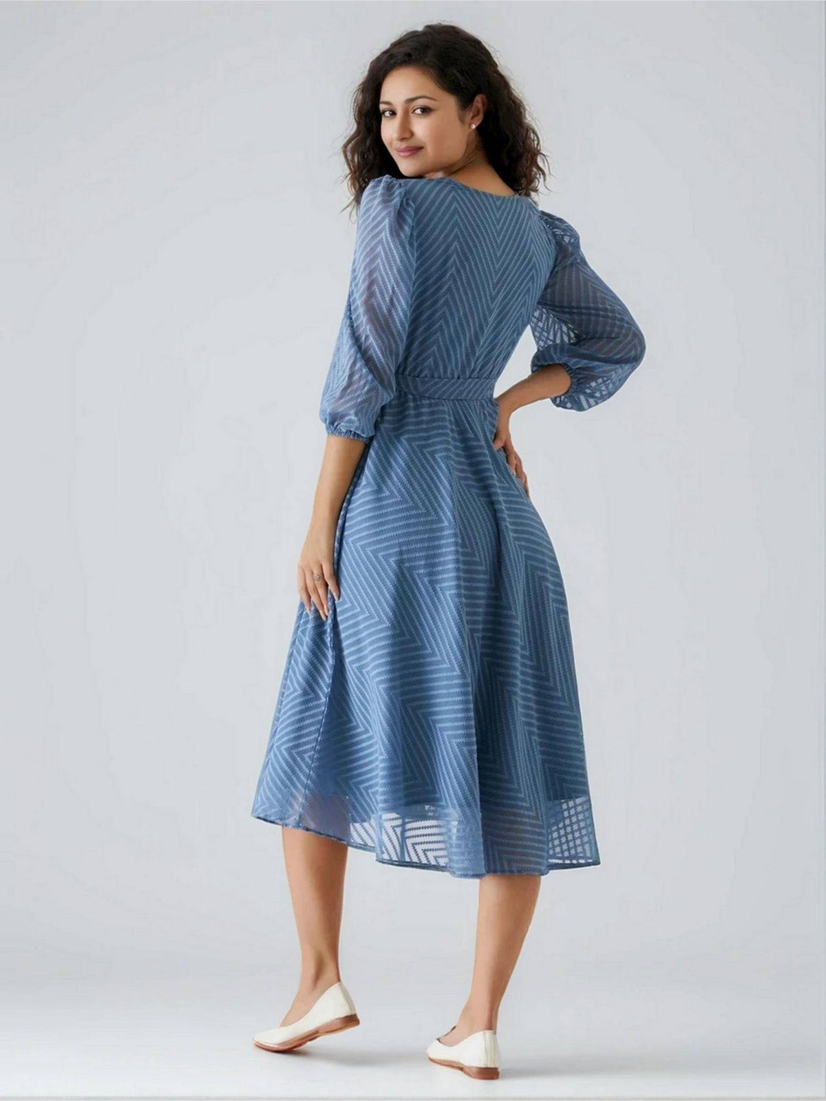 Womens Greyish Blue Self Design Calf Length Dress with Belt | D56 - view 2