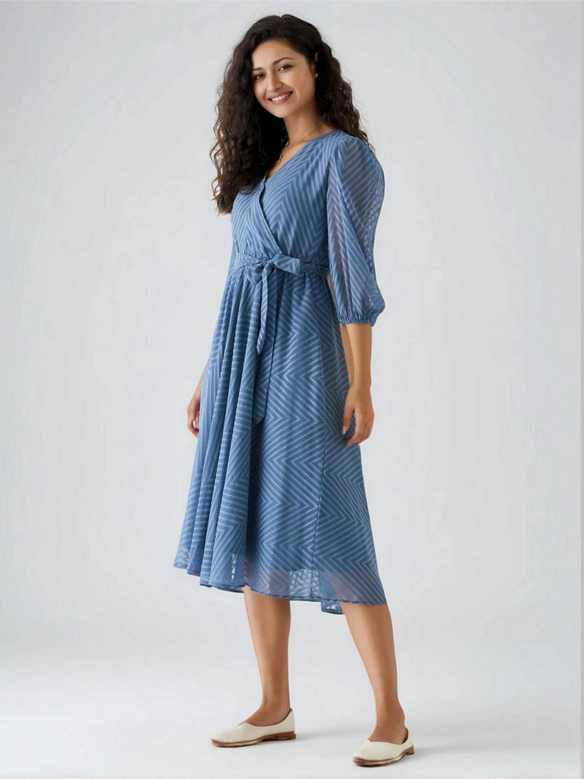 Womens Greyish Blue Self Design Calf Length Dress with Belt | D56 - view 3
