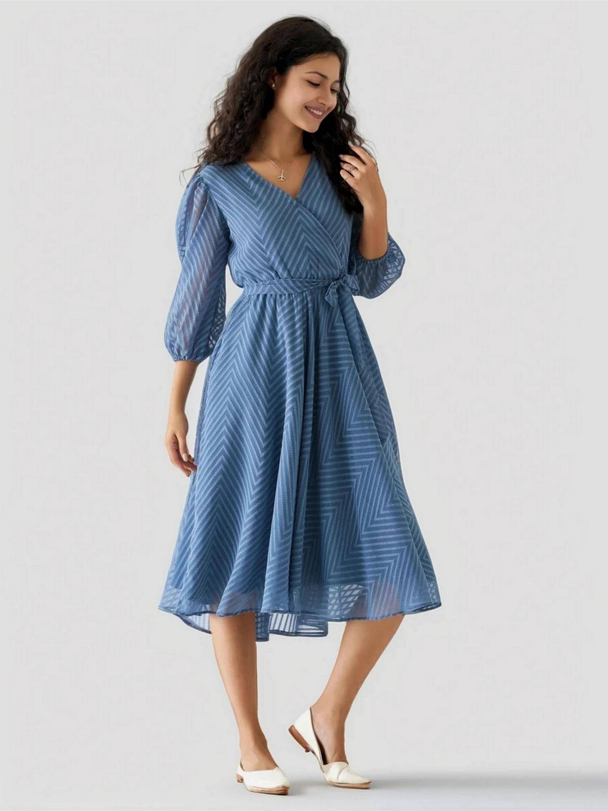 Womens Greyish Blue Self Design Calf Length Dress with Belt | D56 - view 4