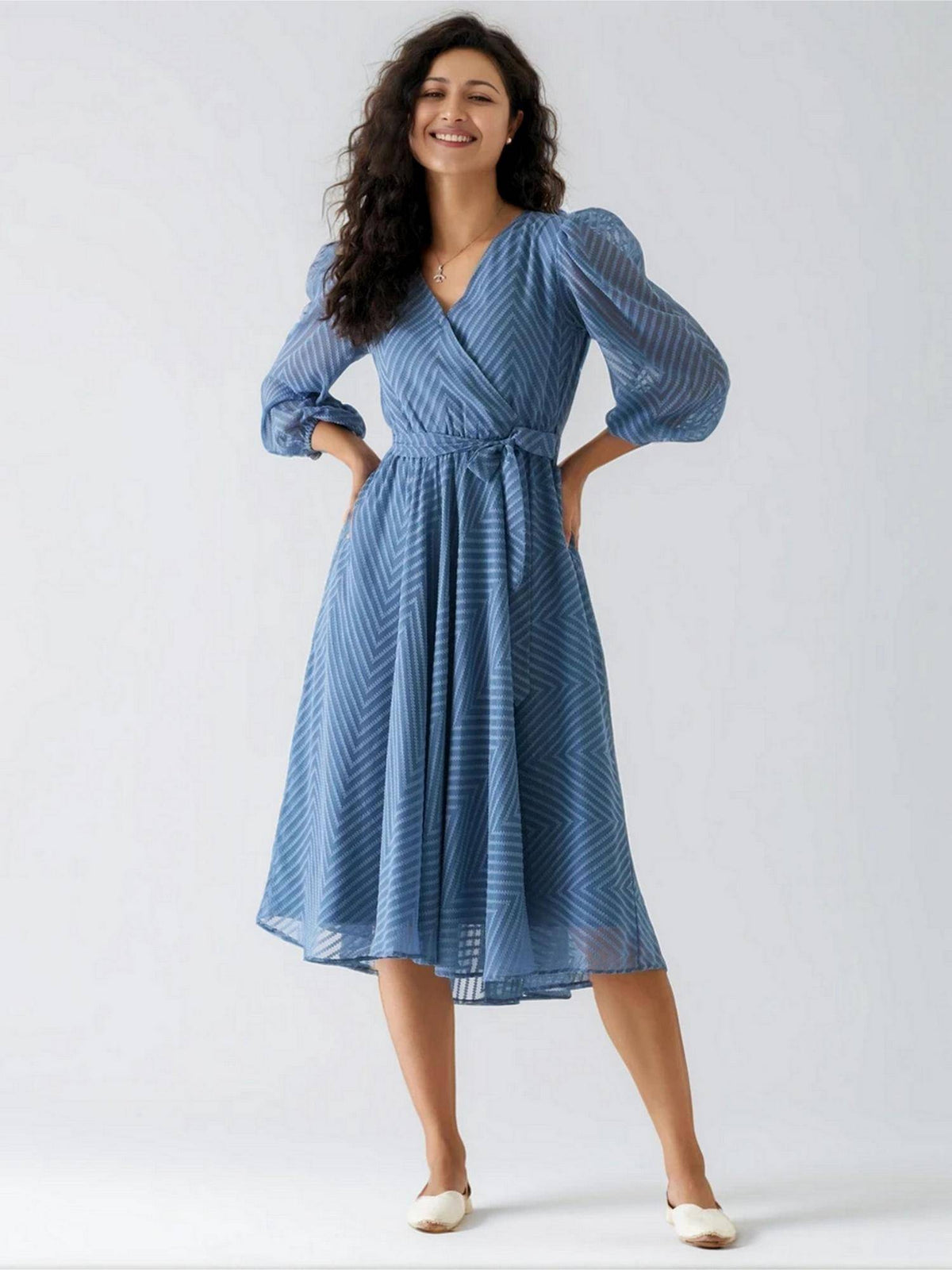 Womens Greyish Blue Self Design Calf Length Dress with Belt | D56 - view 5
