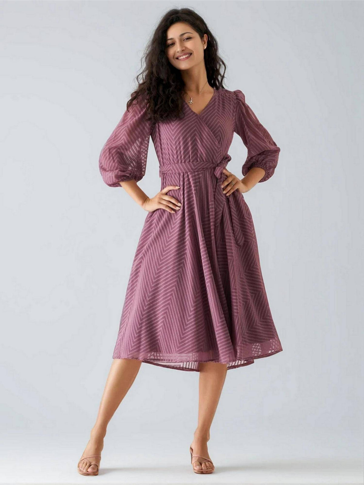 Womens Green Self Design Crepe Calf Length Dress with Belt | D56 - view 29