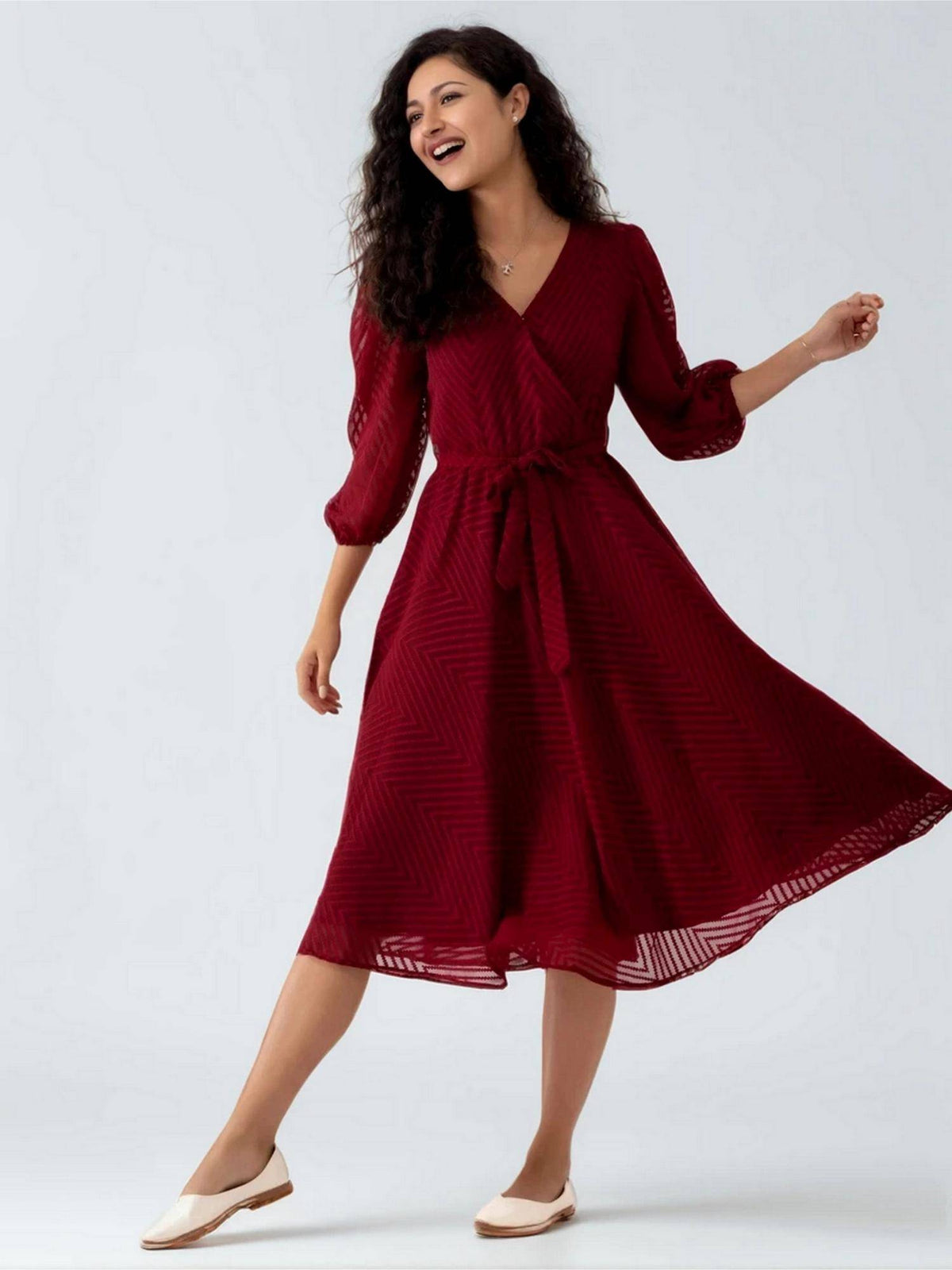 Womens Green Self Design Crepe Calf Length Dress with Belt | D56 - view 50
