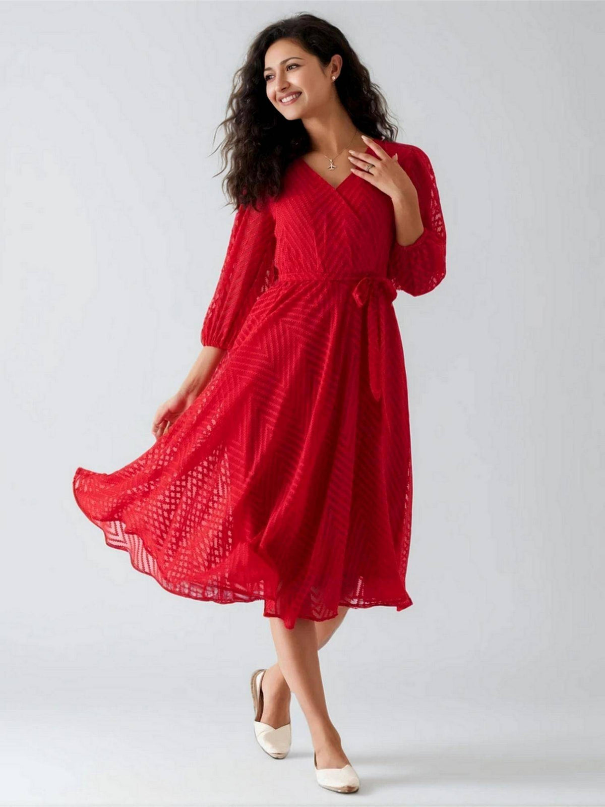 Womens Green Self Design Crepe Calf Length Dress with Belt | D56 - view 43