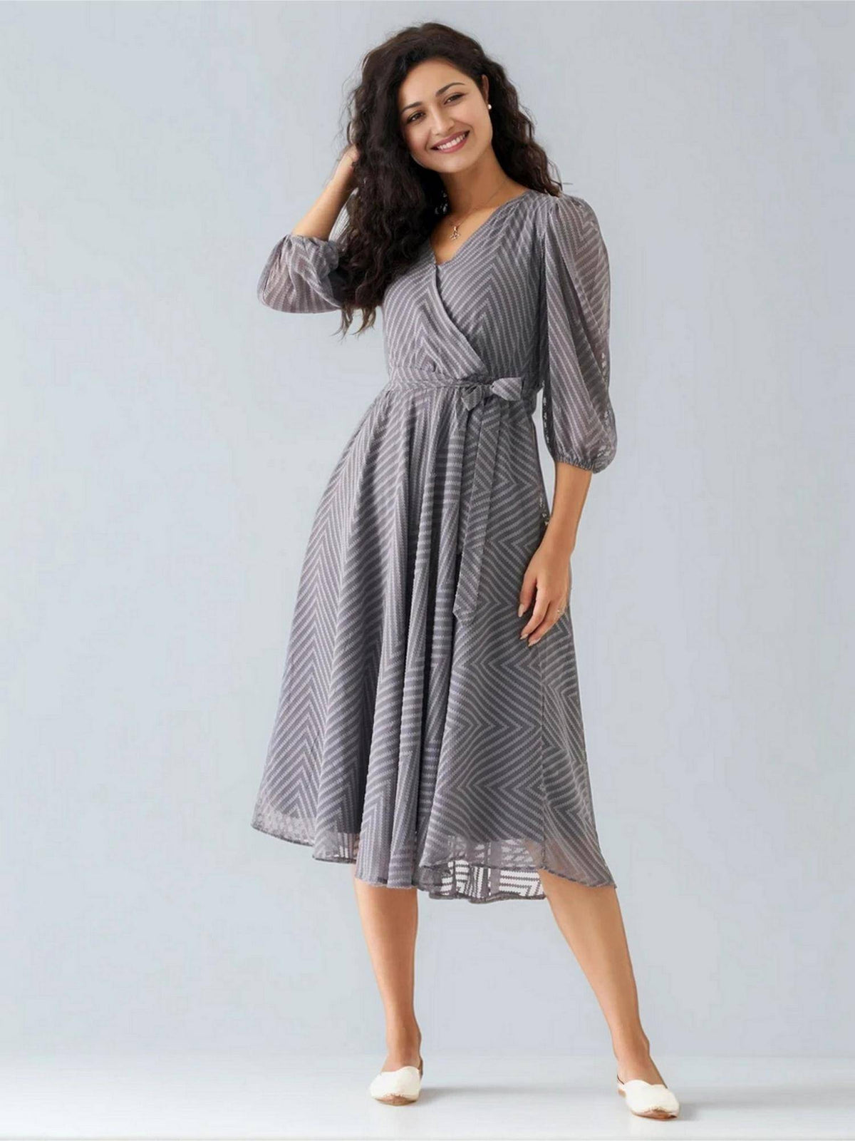 Womens Greyish Blue Self Design Calf Length Dress with Belt | D56 - view 8