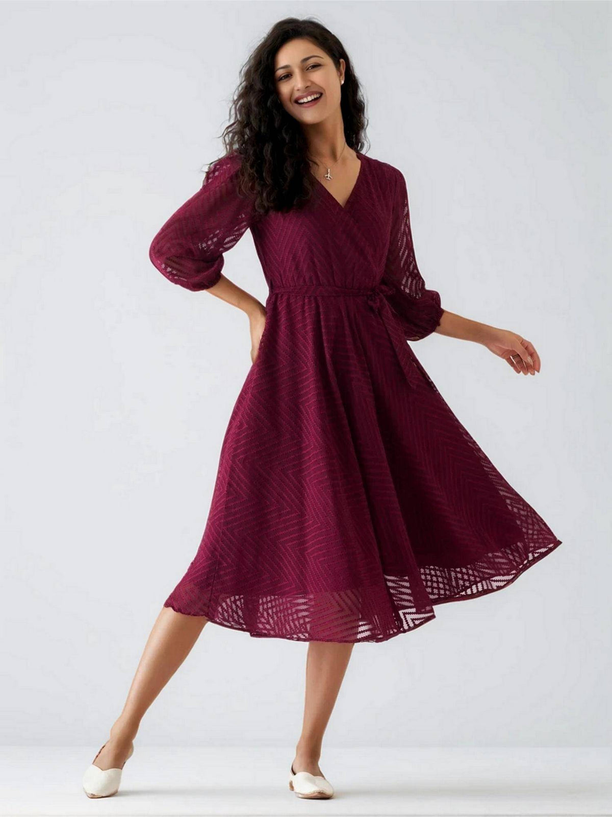 Womens Green Self Design Crepe Calf Length Dress with Belt | D56 - view 36