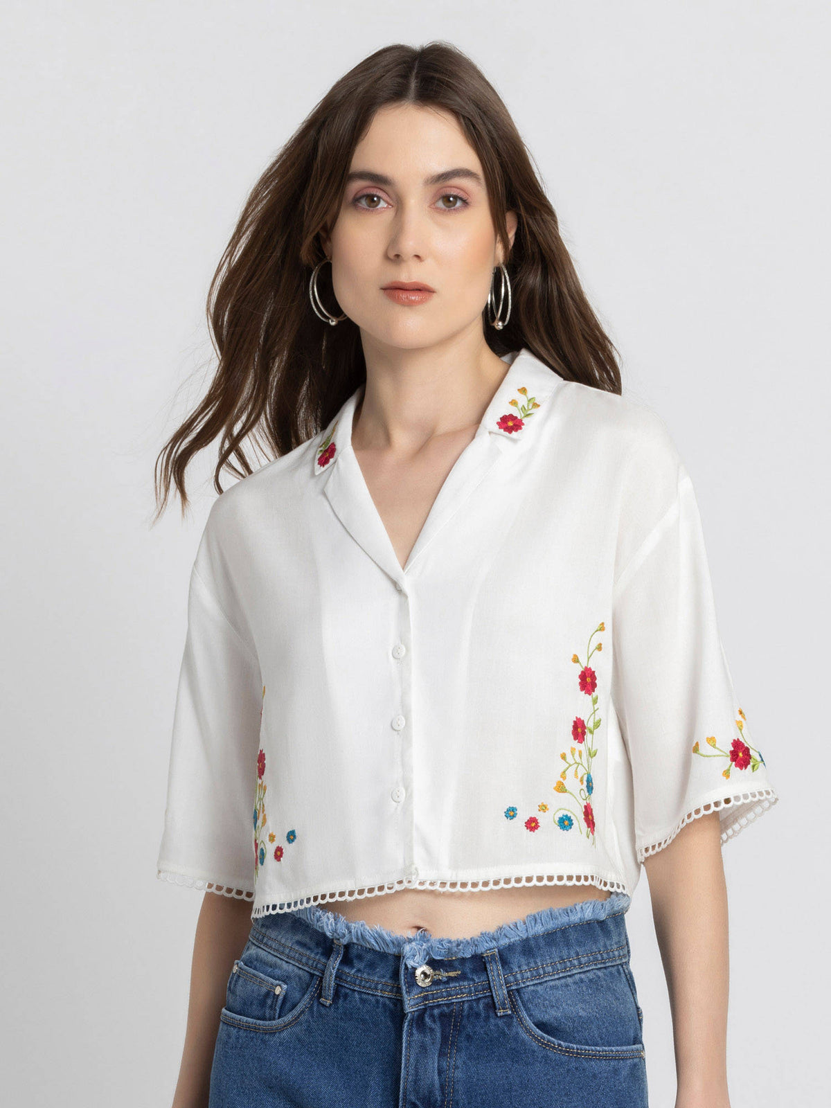 Spread Collar White Embroidered Short Sleeves Casual Top For Women | CT61 - view 1