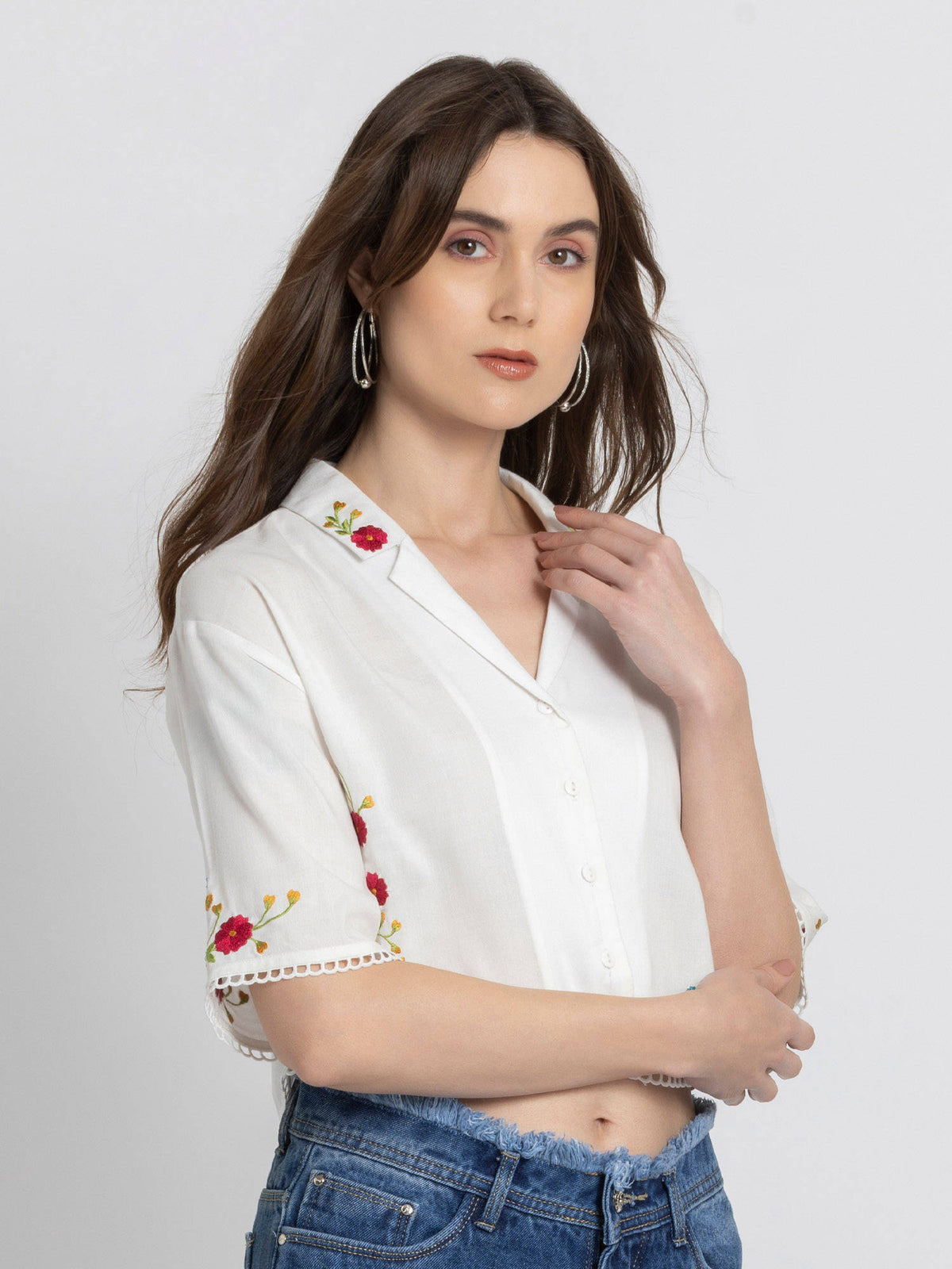 Spread Collar White Embroidered Short Sleeves Casual Top For Women | CT61 - view 2