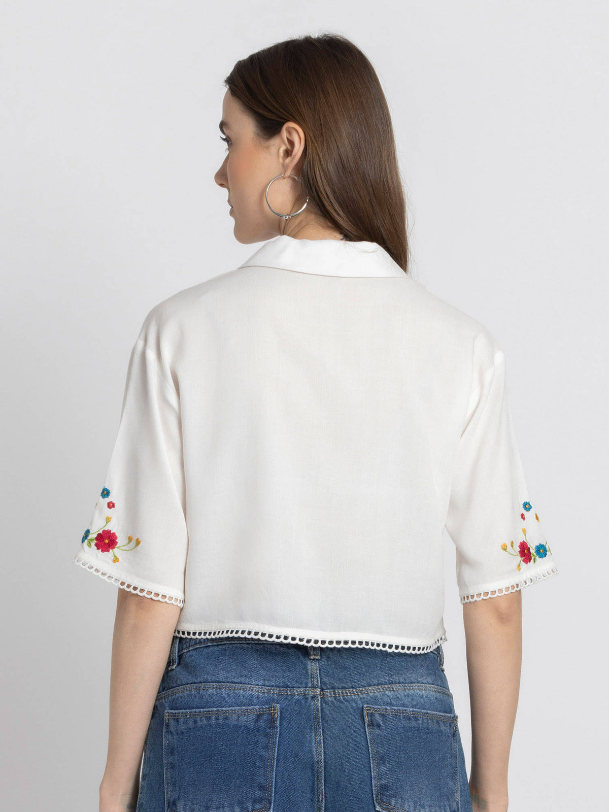 Spread Collar White Embroidered Short Sleeves Casual Top For Women | CT61 - view 3